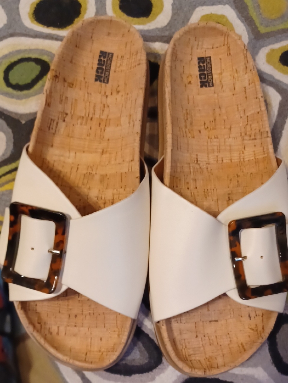 Women’s White Slide Sandals with Tortoiseshell Buckle